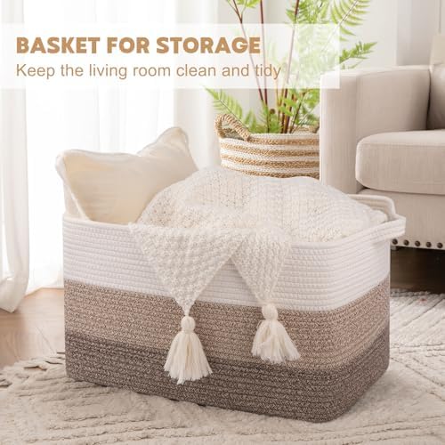 OIAHOMY Large Blanket Basket, 65L Cotton Rope Woven Laundry Basket, Toy Bin for Baby Room, Container for Blanket Storage in Living Room, 20''×16''×12'', Gradient Brown