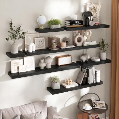 30 Inch Floating Shelves for Wall 2 Pack, 8"D Wood Grain Bathroom Shelves | Invisible Brackets, Black Finish, Easy Install | Engineered Wood Storage Shelves for Kitchen, Study, Bedroom