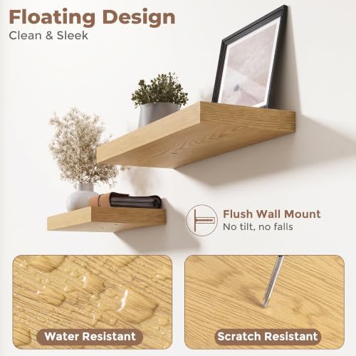 72 Inch Floating Shelves for Wall 2 Pack, 8"D Wood Grain Bathroom Shelves | Invisible Brackets, Oak Finish, Easy Install | Engineered Wood Storage Shelves for Kitchen, Study, Bedroom