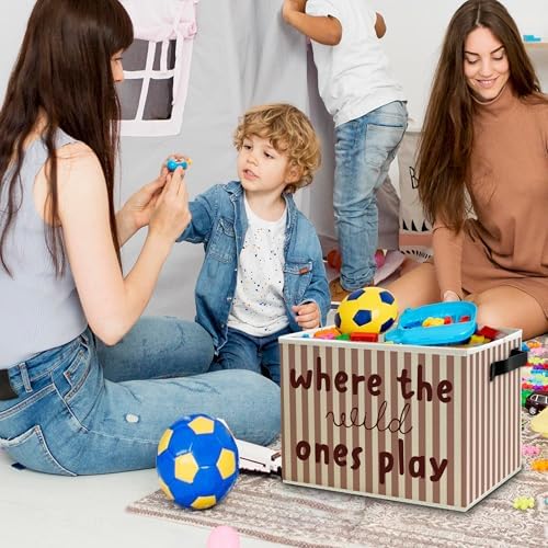 Red Stripe Boho Classroom Storage Bins Box with Handles, Where the Wild Ones Play Collapsible Basket Organizer for Kids Playroom Nursery Bedroom Bathroom Books Clothes