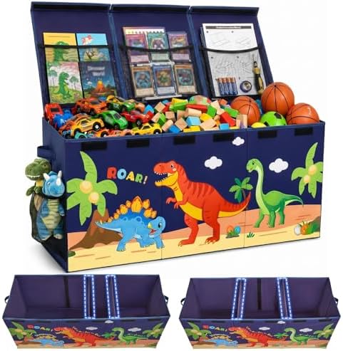 Toy Box with Adjustable Divider Large Toy Chest Storage for Nursery Kidroom | Extra large capacity, removable divider, top and side storage pockets, collapsible design, cute print for playroom decor