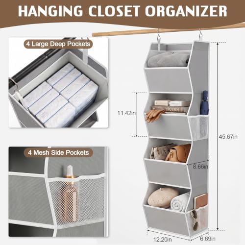 Hanging Closet Organizer 4-Shelf Wide Trapezoid, Grey