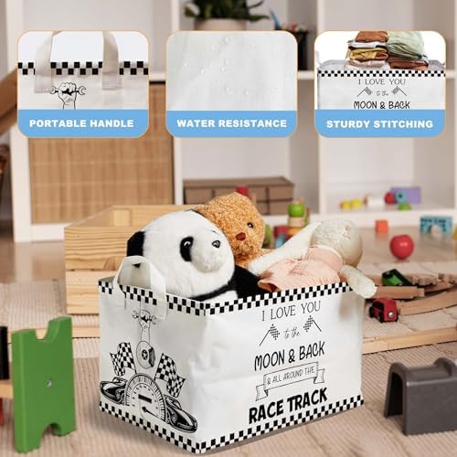 Race Car Storage Basket for Boys, Boys Checkered Basket, Race Flag Kids Baby Storage Bin Toy, Car Themed Room Decor for Nursery, Large Squarecanvas Laundry Hamper With A Waterproof PECoating, Foldable
