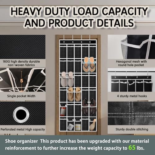 Kotkn Over the Door Shoe Organizer with 30 Breathable Mesh Pockets - Large Capacity Closet Storage for Men & Women, Hanging Shoe Rack Organizer (Black, 30-Pocket)