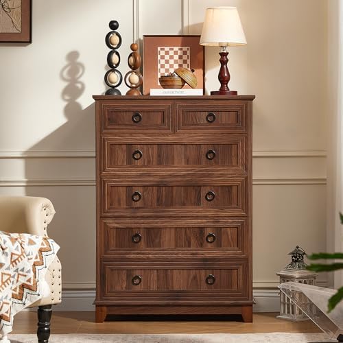 Joaxswe Farmhouse 6 Drawer Dresser for Bedroom, 41" Tall Chest of Drawers | Rustic Wood Dresser with Metal Handle, Storage Organizer Closet for Living Room, Hallway, Entryway, Brown