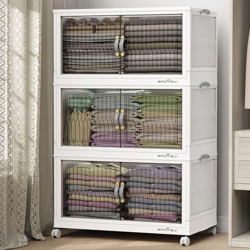 BROVIEW 360Qt Stackable Storage Bins with Lid for Home Dorm, 3Pack White