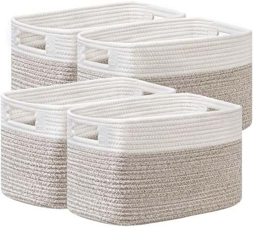 4 Pack Storage Baskets for Organizing, Shelf Baskets with Handles, White&Light Brown