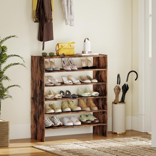 Giantex 3-in-1 Vertical Shoe Rack, 6-Tier Free Standing Shoe Storage Organizer w/Stackable Design for 18 Pairs, 31 Inch Wide Wood Shoe Shelf for Closet, Entryway, Living Room, Office, Brown