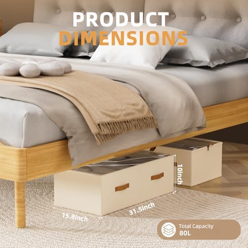 FHSQX 4 Pack Under Bed Storage Bins,10 Inch Tall,Beige, 31.5x15.8x10 inch