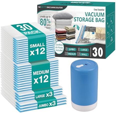 Travel Vacuum Storage Bags with Rechargeable Cordless USB Pump, 30 Combo