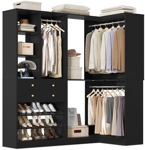 Besiost Closet System with 2 Drawers, 3 Hanging Rods, 59.5" * 31.5" Closet Organizer System with Corner Tower, Reversible L Shaped Walk-in Closet System, Corner Closet System Set of 2, Black