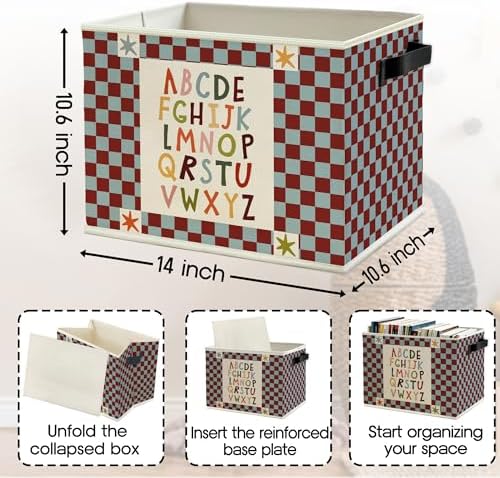 Alphabet Classroom Storage Bins Box with Handles, Red Blue Checkered Alphabet Educational Collapsible Basket Organizer for Classroom Toddler Kids Room Bedroom Bathroom Books Clothes
