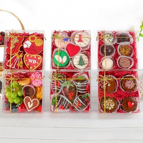 RomanticBaking 50pcs 6x6x2Inches Plastic Clear Babkery Box for Chocolate Truffle,Cookies, Chocolate Strawberries, Cake, Cakesickle Macaron & Treat Box for Christmas Valentine's