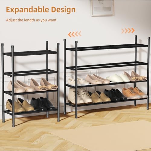 Uneviesyka Expandable Shoe Rack Organizer,Adjustable and Stackable Shoe Storage Shelf,Heavy Duty Metal Small Shoe Rack for Closet Entryway Bedroom (Black, 4 Tier)