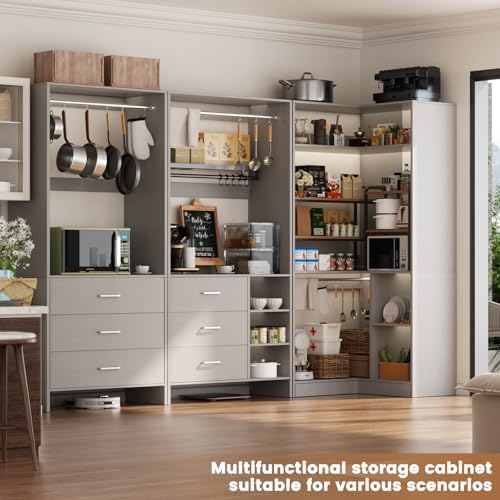 Aheaplus Closet System with 6 Drawers, 4 Hanging Rods & Corner Tower, Corner Closet System with Hanging, 86.8" L-Shaped Walk-In Wardrobe Organizer, 2000+ lbs Capacity, Set of 3, Grey