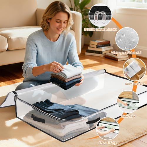 6 Pack Under Bed Storage Bags, 90L Foldable Clear Containers with Handles