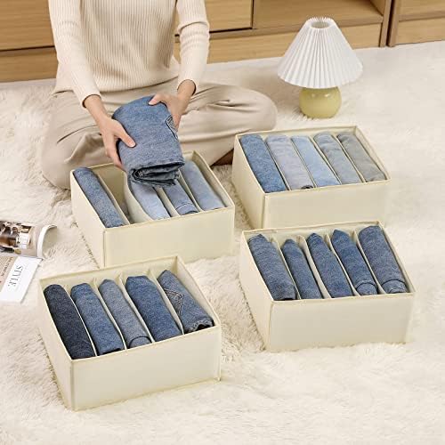 Jeans Drawer Organizers for Clothing, 5 Compartment Wardrobe Storage Box, Washable Clothes Organizer for Folded Clothes, Jeans, Pants, Leggings, t-shirts(Beige)