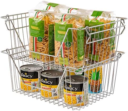 Stackable Wire Metal Baskets Fruit Vegetable Organization Pantry Cabinet Metal Bin Large Basket Shelves Storage for Kitchen Freezer, Set of 2