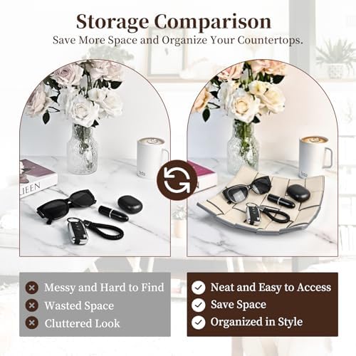 MSJGA Valet Tray PU Leather Key Holder Bowl for Women and Men Entryway Table Nightstand Desk Tray for Wallet, Keys Men's Gift - Beige & Gray, 9.8" L x 9.8" W x 2" H