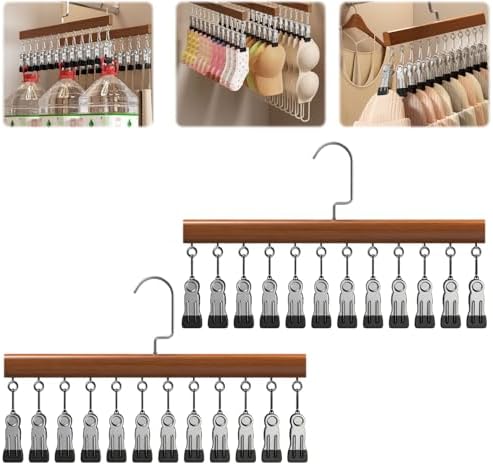 2pcs Closet Organizer with 12 Clips, Space Saving Hanging Closet Organizer, Space-Saving Hat Scarf Clothespins for Jeans Skirts Socks Pant Hangers with Clips