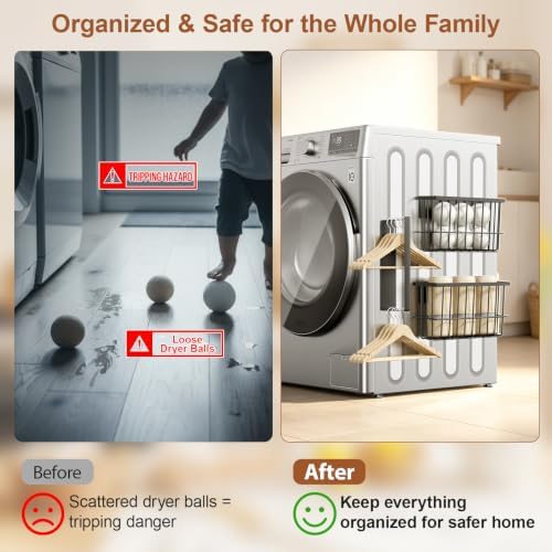 FAMNONE Magnetic Laundry Organizer, Dryer Ball Holder & Hanger Rack
