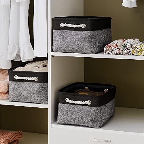 TheWarmHome Storage Basket for Organizing - 14x10x7 inch Medium 3 Pack Collapsible Storage Bin for Shelves with Rope, Fabric Storage Cubes for Organizer Cloth Gift Toy Closet (Black & Grey)