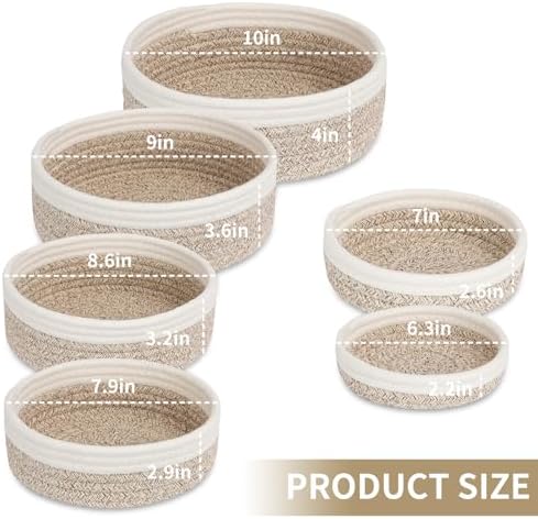 Small Shelf Storage Baskets for Organizing, 6 Pack Round Cotton Rope Bins, Decorative and Cute Woven Baskets for Bedroom and Closet, Key Tray Bowl, Home Decor Countertop Organizer (Brown Beige)