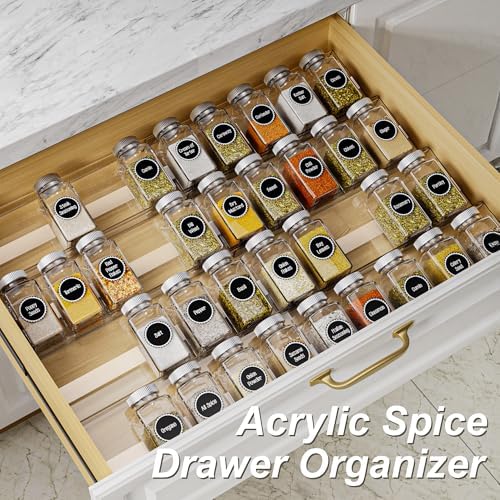 MIUKAA Acrylic Spice Drawer Organizer, 4 Tier - 8 Pack Seasoning Organizer for Drawer, Expandable From 13" to 26" Kitchen Drawer Spice Rack with Slip-Proof Mat (Jars not Included)