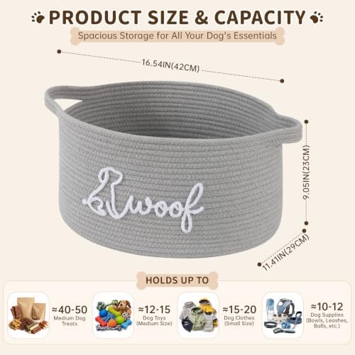 OIAHOMY 22L Large Dog Toy Basket, 16.5"x11.4"x9" Cotton Rope Basket with Cute Woof Embroidery, Soft Woven Pet Toy Box with Handles for Blankets, Leashes & Puppy Accessories, Decorative Organizer Gray