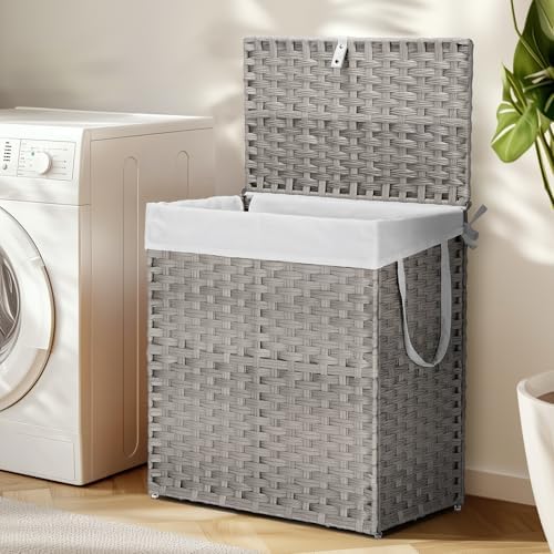 DUMOS Wicker Laundry Basket with Lid, 110L Woven Laundry Hamper with Handles, Foldable Rattan Clothes Hamper with Removable Liner & Sturdy Steel Frame, Dove Gray