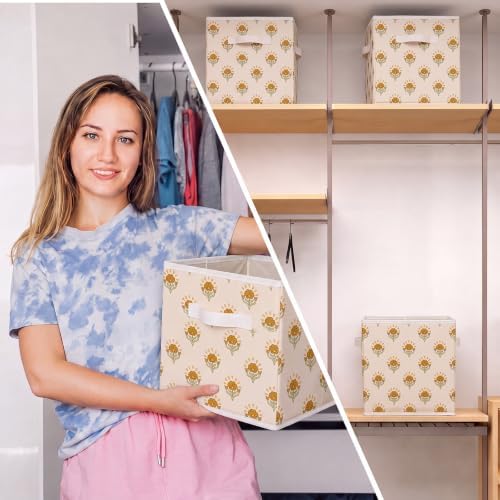 Bokon 6 Pcs 11'' Mustard Yellow Block Print Storage Bin Floral Storage Cube