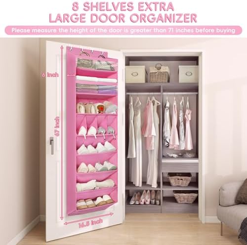 1 Pack 8 Shelves Over The Door Shoe Organizer, 68" Exlarge Deep Pockets | Hanging Shoe Organizer, Shoe Rack for Closet, Shoe Holder for Boots, Sneakers, Heels, Over Door Organizer in Home, Dorm, Pink