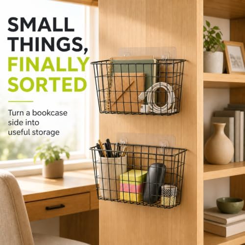 ZUSHALLMY 2 Pack Wire Baskets for Wall, No Drill Adhesive Kitchen Storage | 11 x 4.72 x 4.72 in wall storage baskets with large adhesive strips for kitchens, bathrooms, pantries, RVs or cabinet doors