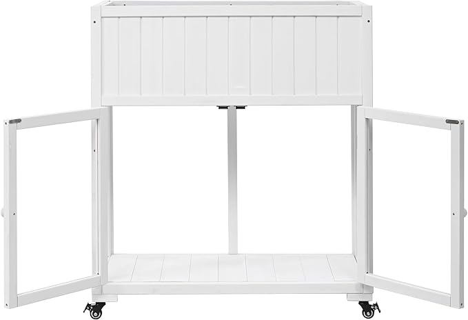 Polibi Patio Mini Wood Cold Frame, Compact 2 Doors Garden Greenhouse with Wheels, Raised Bed with Liner for Indoor Outdoor Use,35.4''x17.7''x37.4'',White