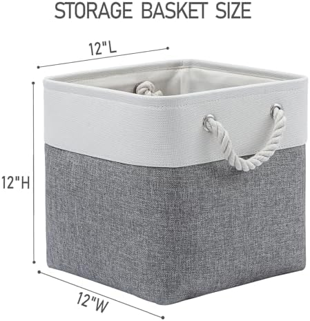 MidmmVick 12 x 12 Inch Cube Storage Bins, 6 Pack Large Collapsible Fabric Storage Bin with Ropes, Foldable Storage Cubes for Home, Office,Closet, Clothes, Toys Organizer (White & Grey)