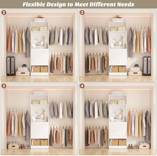 Unikito 8FT Closet System with Mirror and 3 Extendable Hanging Rods, White