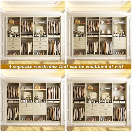 Unikito 100" Closet System with Drawers, 8.3FT Wood Closet Organizer with Hanging Rods, Mirror and Shelves, Large Walk-In Closet Organization Towers, White Oak