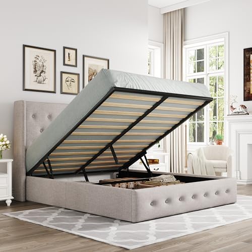 Allewie Queen Size Lift Up Storage Button-Tufted Bed Frame Light Beige