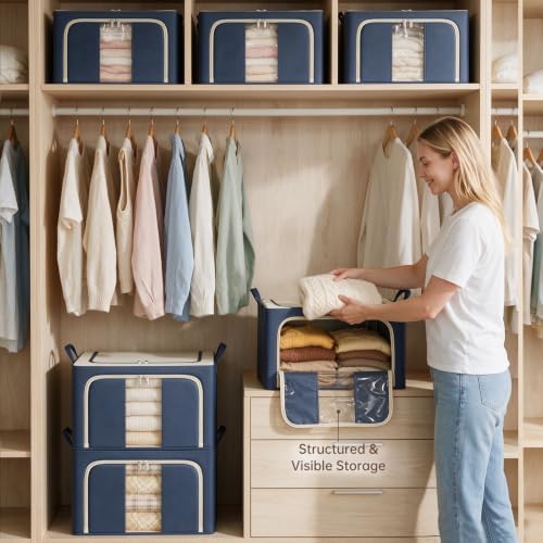 3 Openings Clothes Storage Bins with Metal Frame，24L (navy blue)