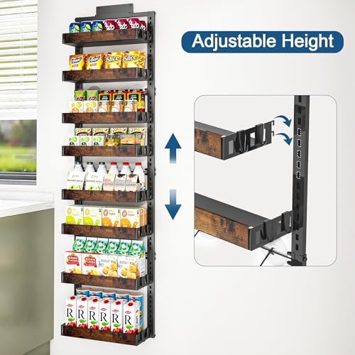 BUKFEN 8-Tier Over the Door Pantry Organizer, Adjustable Wooden Basket | Door & Wall Mounted Spice Rack, 16 Hooks, Heavy-Duty Metal Over Door Organization Storage for Kitchen, Bathroom, Closet