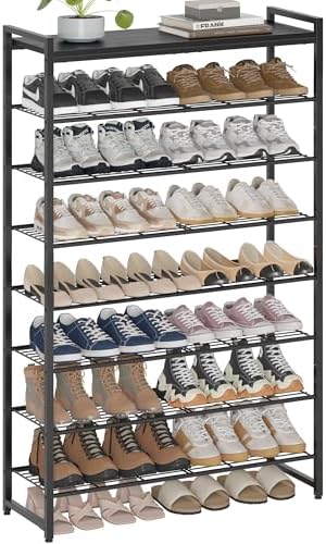 8 Tier Shoe Rack Organizer for 32-40 Pairs, Tall Metal Shoe Storage Shelf with Wood Top, Adjustable Boot Space, Narrow Design for Entryway Closet, Black