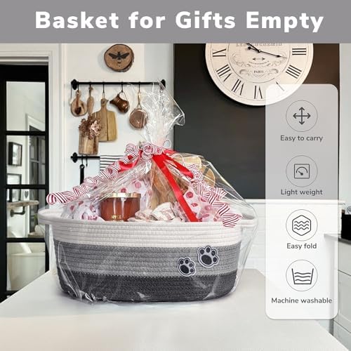 Medium Woven Rope Dog Toy Basket with Paw Print, Mixed Grey | 13.6"x 10" x 6", Cotton Rope Dog Toy Bin & Box, Gift Basket Empty With Handles, Storage Basket for living Room Bedroom