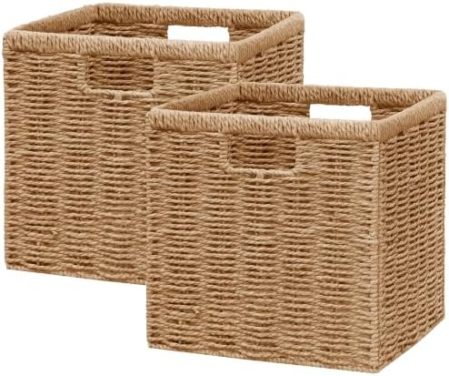 Vagusicc 13 inch Wicker Storage Basket, Set of 2 Handwoven Wicker Baskets for Organizing, Foldable Square Storage Cubes, Large Cube Storage Bins for Shelves, Bathroom, Natural