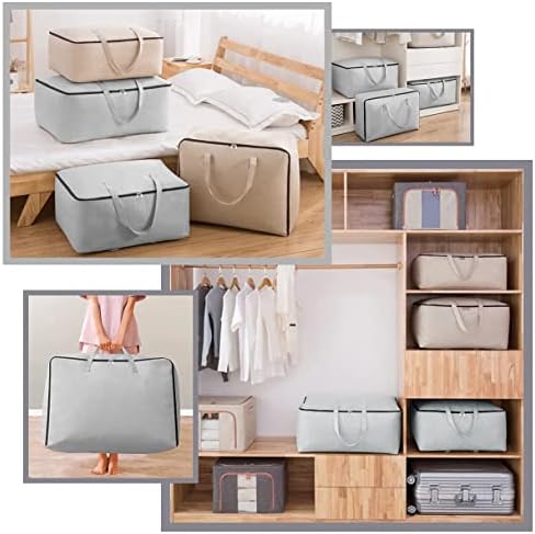 3pcs Cotton Clothes Bedding Storage Organizer Bins with Handles 3-side Zip