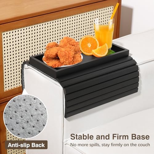Couch Arm Tray, Bamboo Sofa Armrest Tray for Couch，Black | Anti-Slip Couch Armrest Table, Foldable Couch Cup Holder for Dessert, Phone, Control, Cups