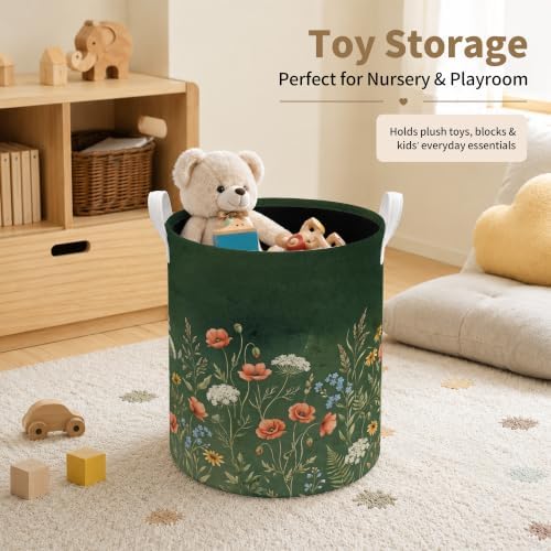 Vintage Wildflower Laundry Basket, Dark Green Botanical Cottagecore Floral Waterproof Laundry Hamper Clothes Toys Storage Organizer Bin for Bathroom Bedroom