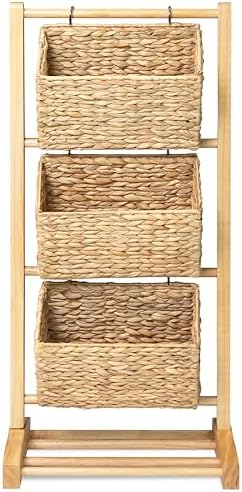 HOMESTEAD 3-Tier Wooden Shelf with Water Hyacinth Woven Baskets – Rattan Shelf Basket, Boho Room Decor, Wooden Book Shelf, Bathroom Storage Shelves, Kitchen, Laundry, Living Room (Natural)
