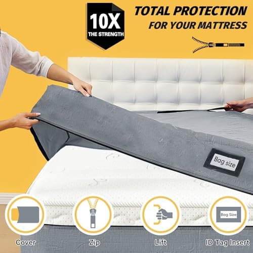 Mattress Bags for Moving and Storage, BETU Waterproof Mattress Protector Full XL Mattress Cover with 8 Heavy Duty Handles and Zipper Extra Thick Moving Supplies for Bed (82x57x13.5 Light Gray)