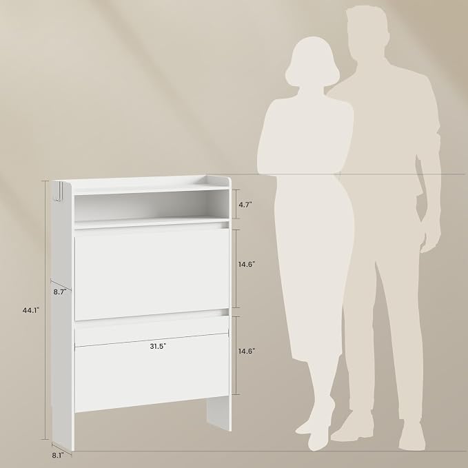 Modern Shoe Cabinet with 2 Flip Drawers & Open Storage, 31.5" W White