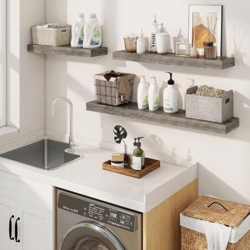 Floating Shelves for Wall, Wall Mounted Wood Shelves, Grey, Set of 2, 32in | Wood Floating Shelf with Invisible Brackets for Living Room, Bathroom, Bedroom, Kitchen, Hanging Shelf for Storage and Decor